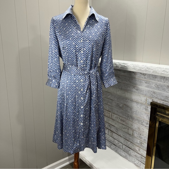 Brooks Brothers Dresses & Skirts - Brooks Brothers Silk Charmeuse Herringbone Print Blue Belted Shirt Dress 12